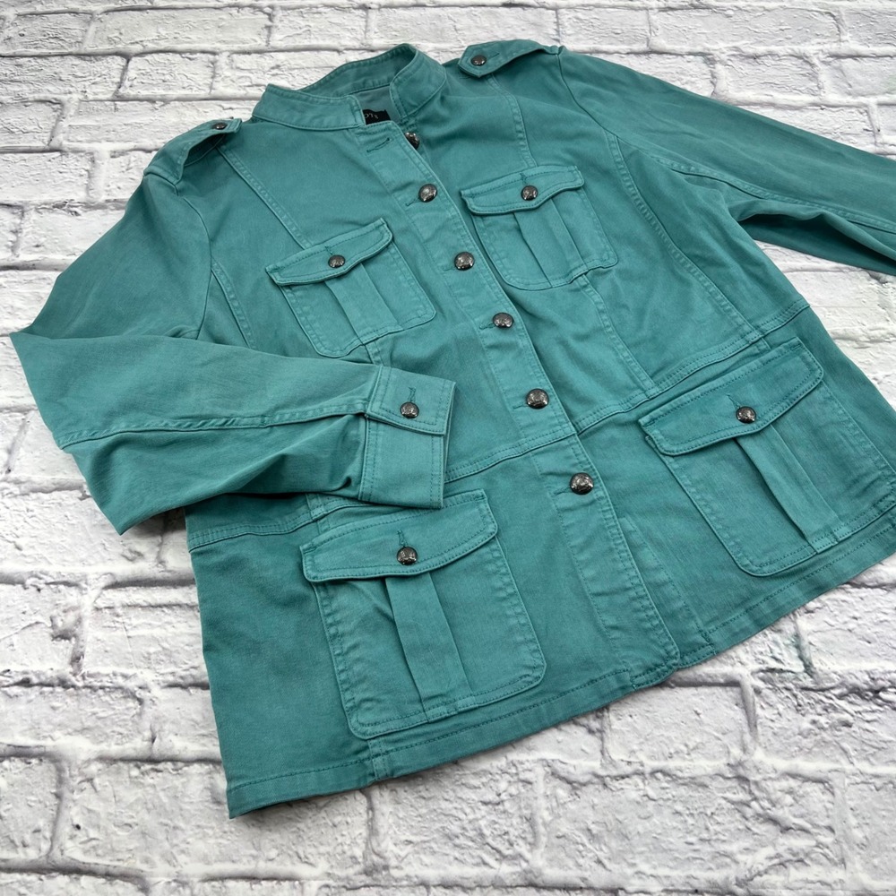 Talbots Plus Womens Aqua Blue Button Front Utility Jacket Mock Neck Size X NWT